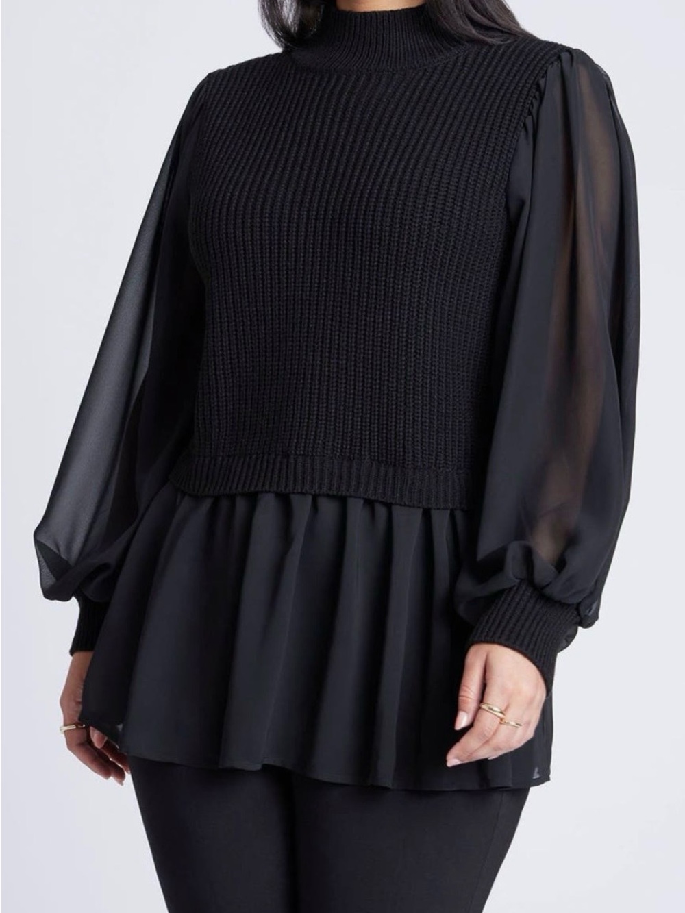 ELOQUII Black Twofer Mixed Media Sweater with Chiffon Peplum Hem Plus Size 22/24